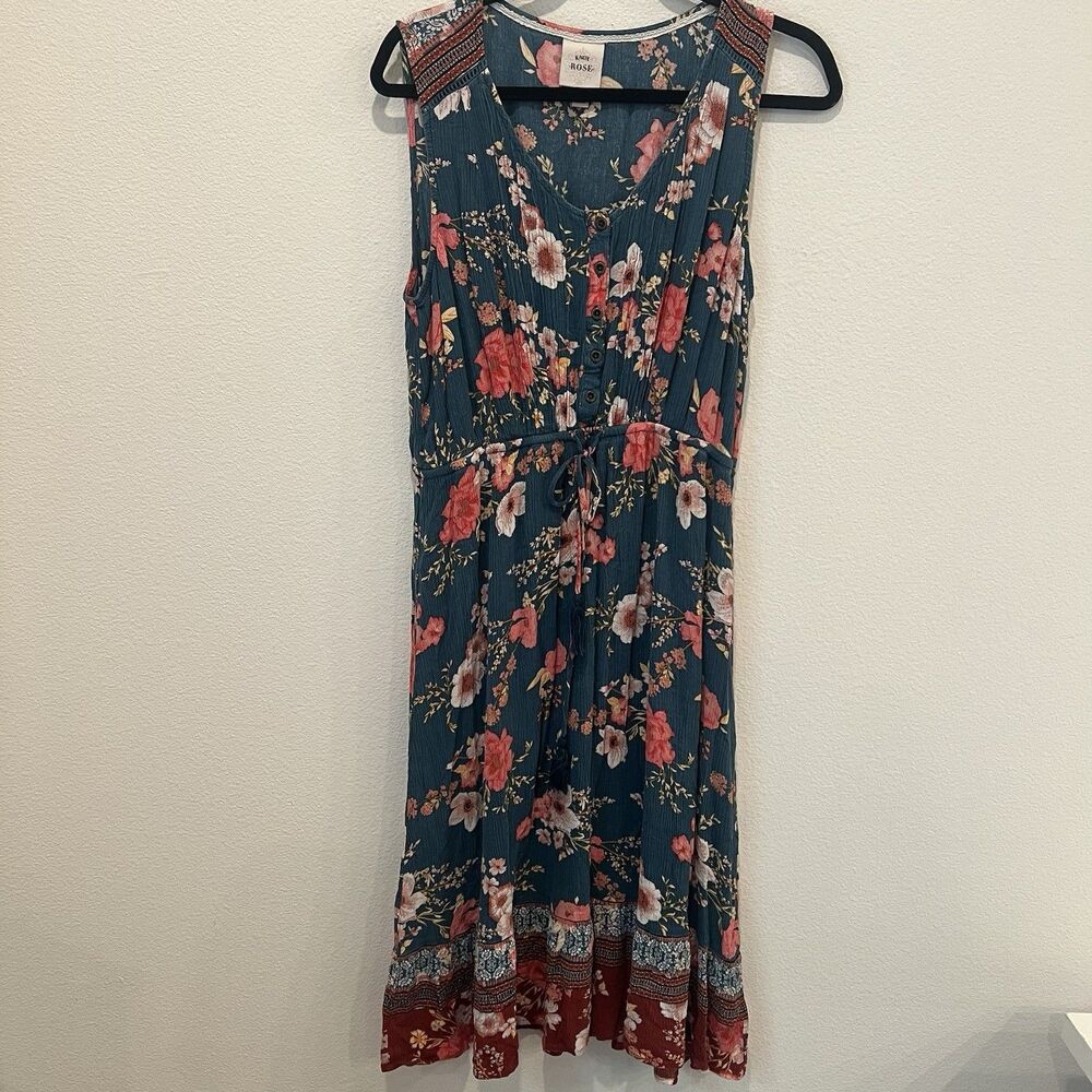Knox Rose Womens Large Floral Maxi Dress Boho Sleeveless Stretchy Green